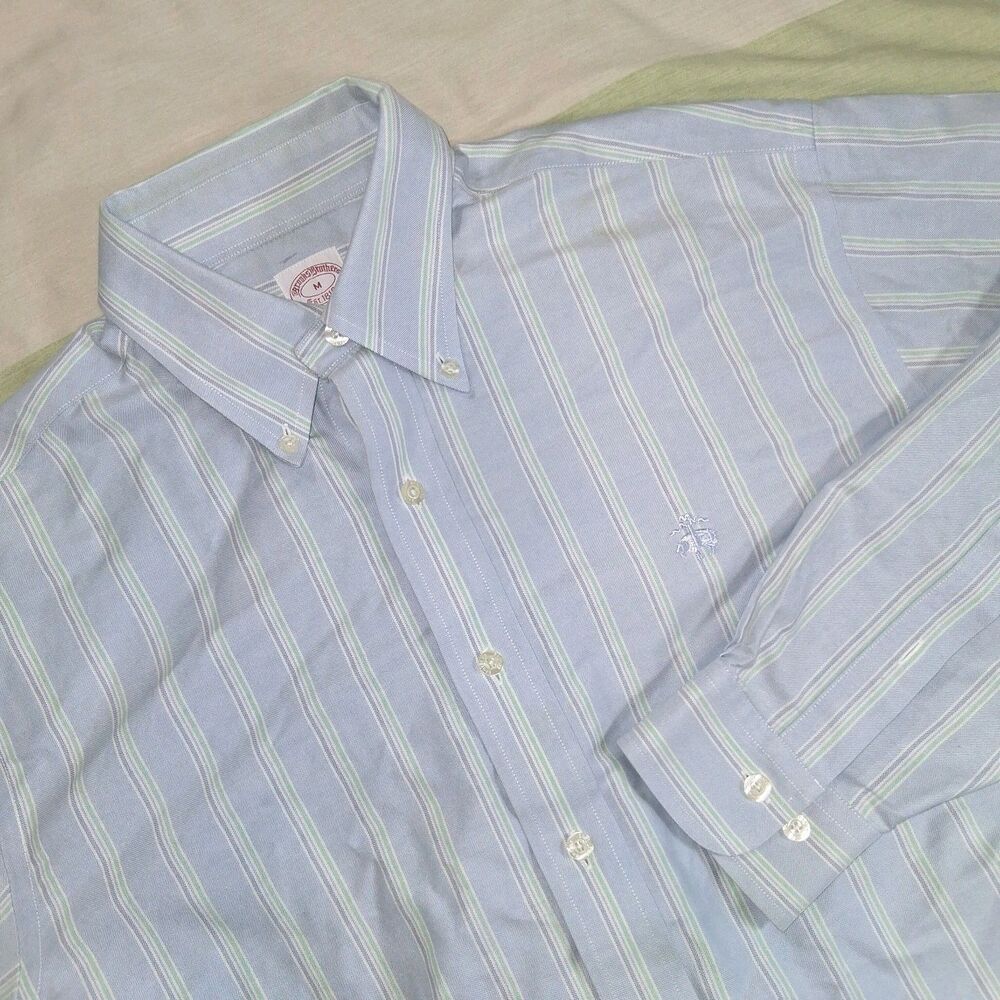 Brooks Brothers Button Down Shirt Mens Medium Supima Striped Lite Blue Non-Iron